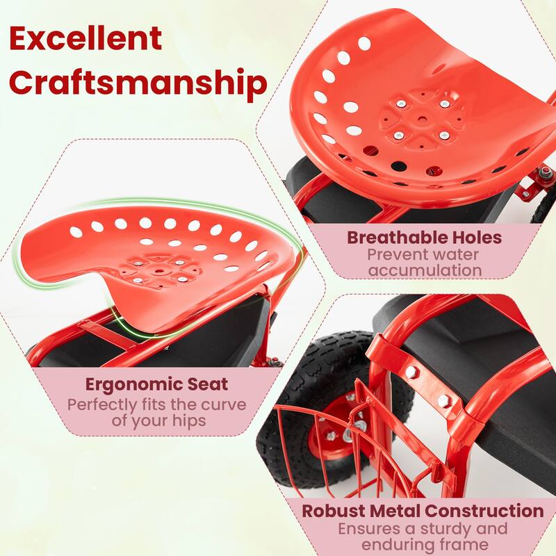 Gymax Rolling Garden Cart Scooter w/ Adjustable Seat Storage Basket