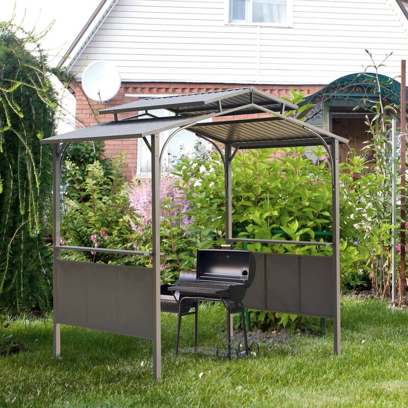 Outsunny 8'x5' BBQ Grill Gazebo with 2 Side Shelves, Outdoor Double Tiered Interlaced Polycarbonate Roof with Steel Frame, Brown - Brown