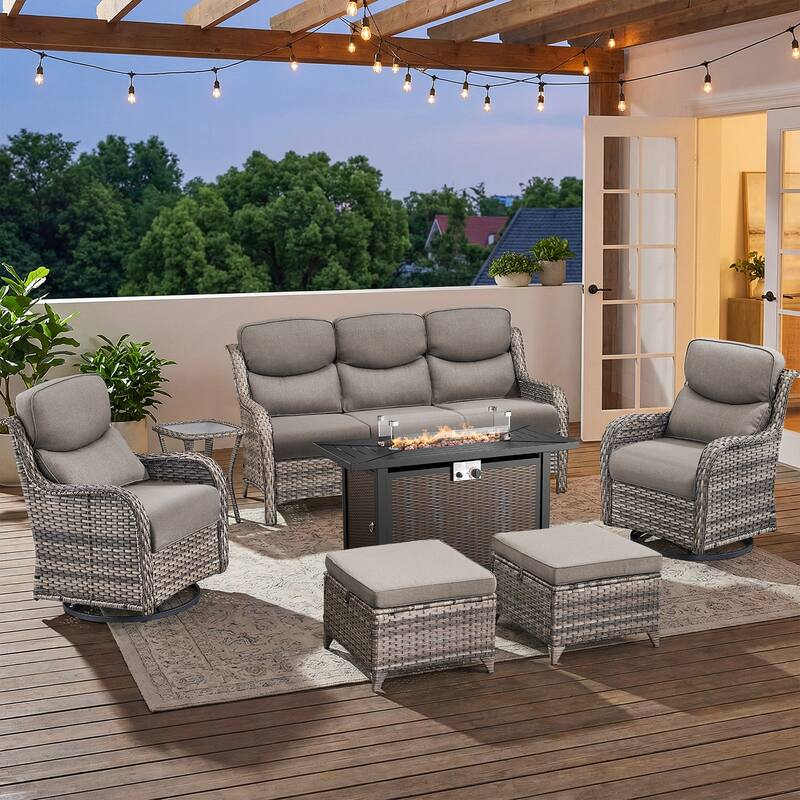 Pocassy 6/7 Piece Patio Sofa Swivel Chair Set with 43" Fire Pit Table - Gray Wicker Gray Cushion - 7-Piece Sofa Swivel Chair Ottoman w/ Fie Table