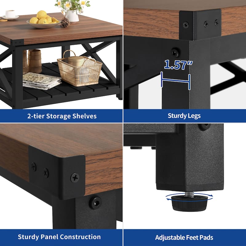 Moasis 31" Square Farmhouse Coffee Table with Shelf, 2-Tier Center Table with Storage