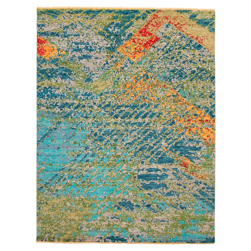 ECARPETGALLERY Hand-knotted Mystique Dark Blue, Olive Wool Rug - 9' 1" x 11' 10" - Dark Blue/ Olive - 9' 1" x 11' 10"