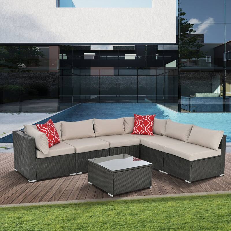 Outdoor Wicker Weaving Conversation Combo Set of 7 - Beige