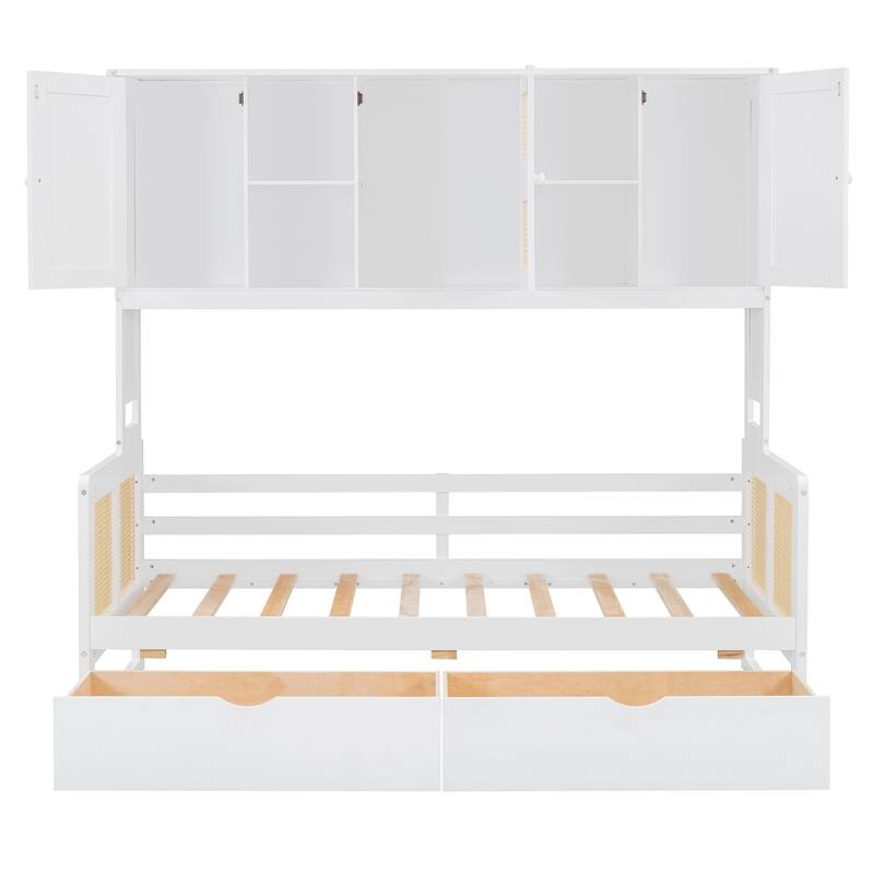 L-Shape Twin Size Daybed with Storage Cabinet and 2 Drawers, Bedroom Storage Bed Frame with Bookshelf, Wood Slats Support