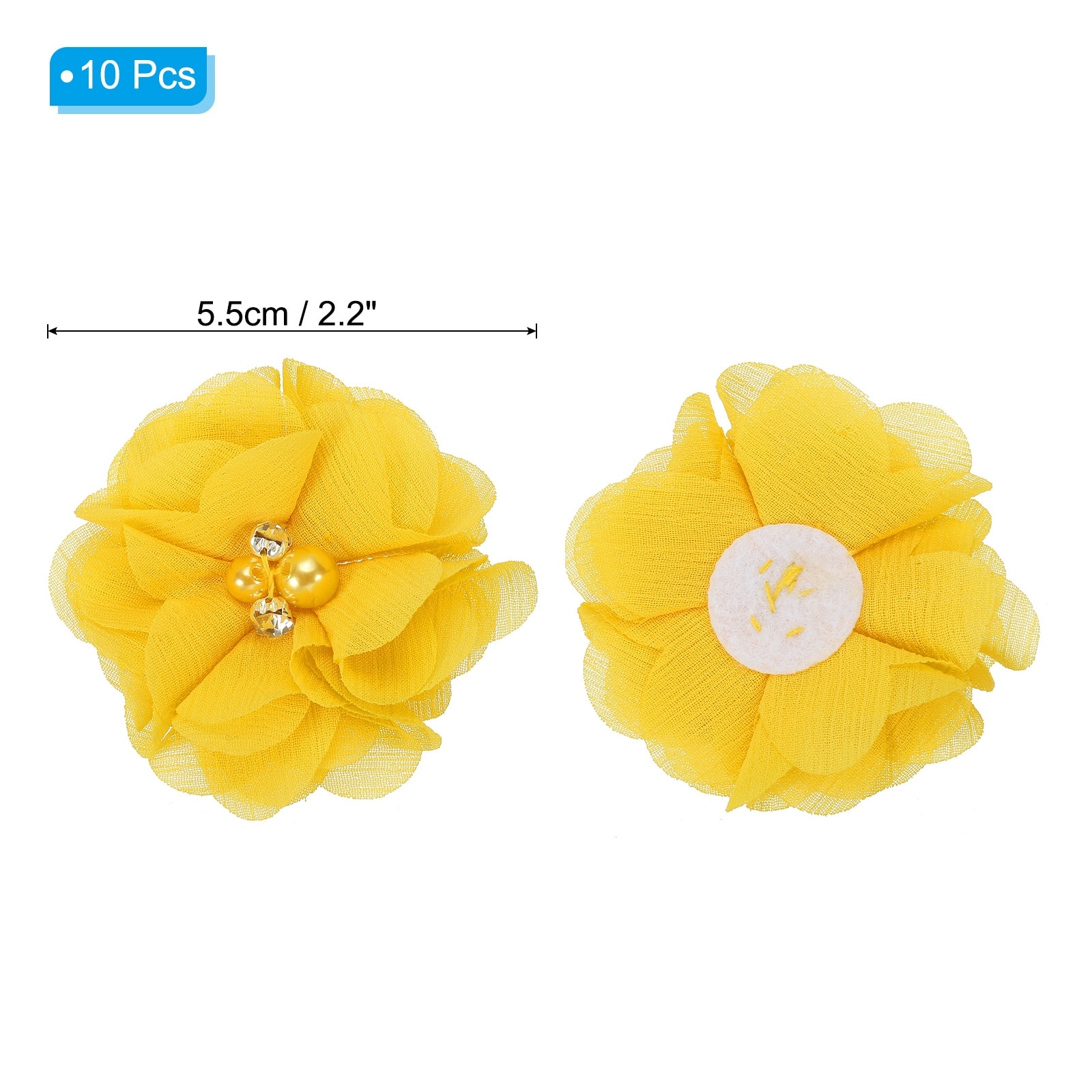 10Pcs 2" Chiffon Flowers with Rhinestone Pearl Appliques Embellishments Yellow