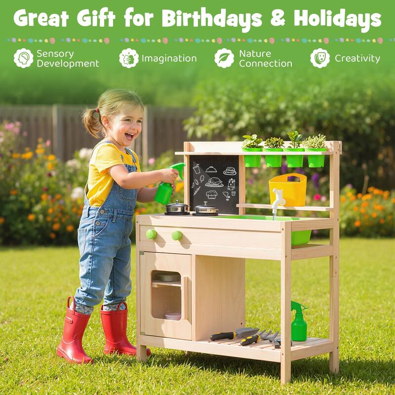 Gymax Kids Mud Kitchen Play Pretend Kitchen w/ Chalkboard Stoves