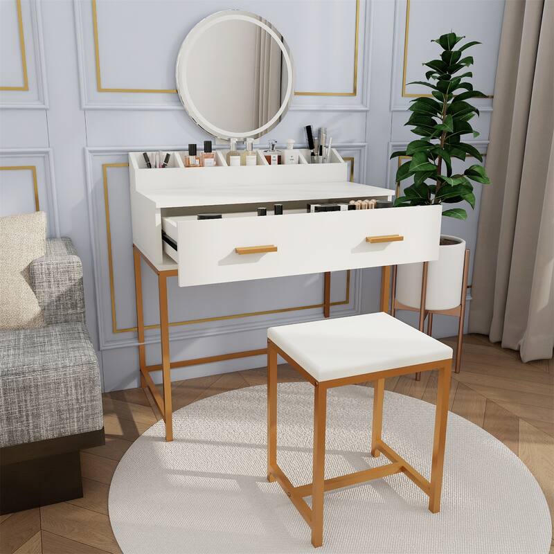 31.5" Wood Makeup Vanity Table with Mirror,Stool and Drawers