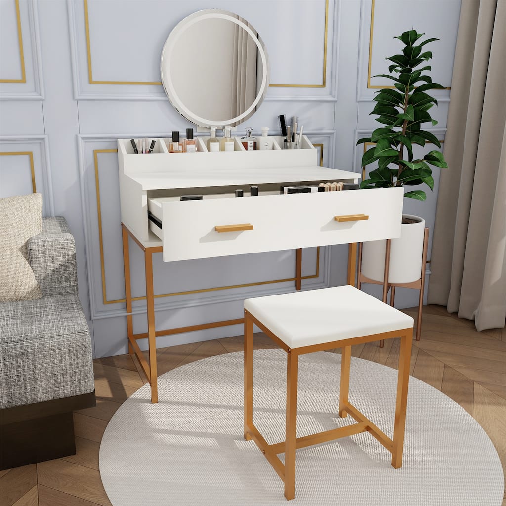 31.5" Wood Makeup Vanity Table with Mirror,Stool and Drawers
