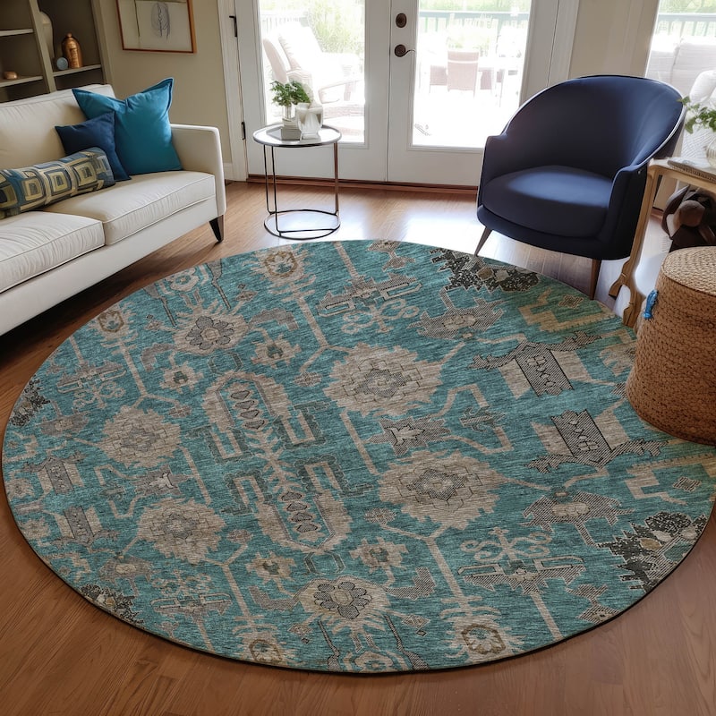 Machine Washable Indoor/ Outdoor Chantille Boho Traditional Rug - Teal - 8' x 8'