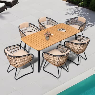 7-PC Patio Dining Set Rectangular Aluminum Outdoor Table with Umbrella Hole with Rattan Chair