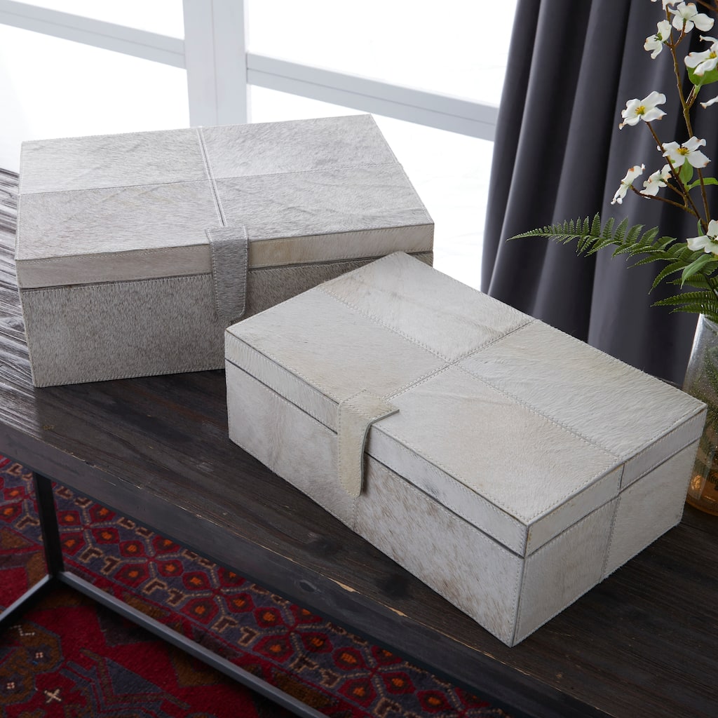 Gray, Silver or Gold Leather Handmade Cowhide Storage Box with Silver Foil Accents (Set of 2)