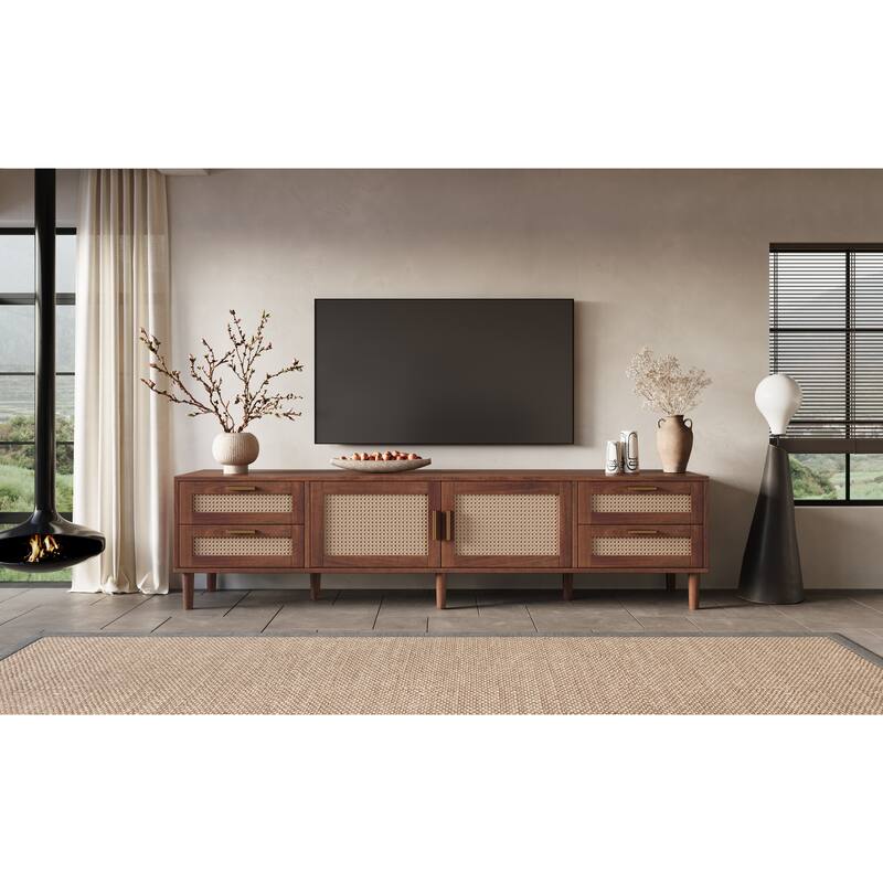 78.7" Dark Brown Rattan TV Stand with Storage, Entertainment Center with Drawers, 2 Cabinets, Wood Media Storage Cabinet