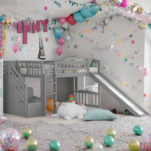 slide 2 of 9, Twin Size Loft Bed With Two Storage Drawers,Ladder and Slide for Home Grey