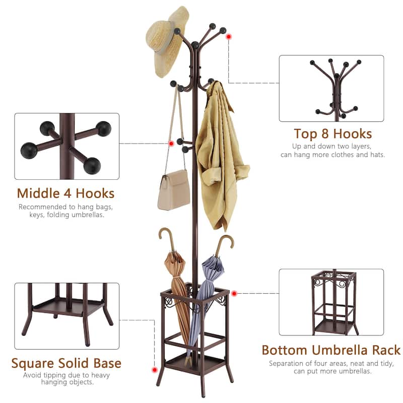 Coat Rack Freestanding,Entryway Coat Hanger Stand,Umbrella Holder,Hall Tree With 12 Hooks,Standing Coat Rack