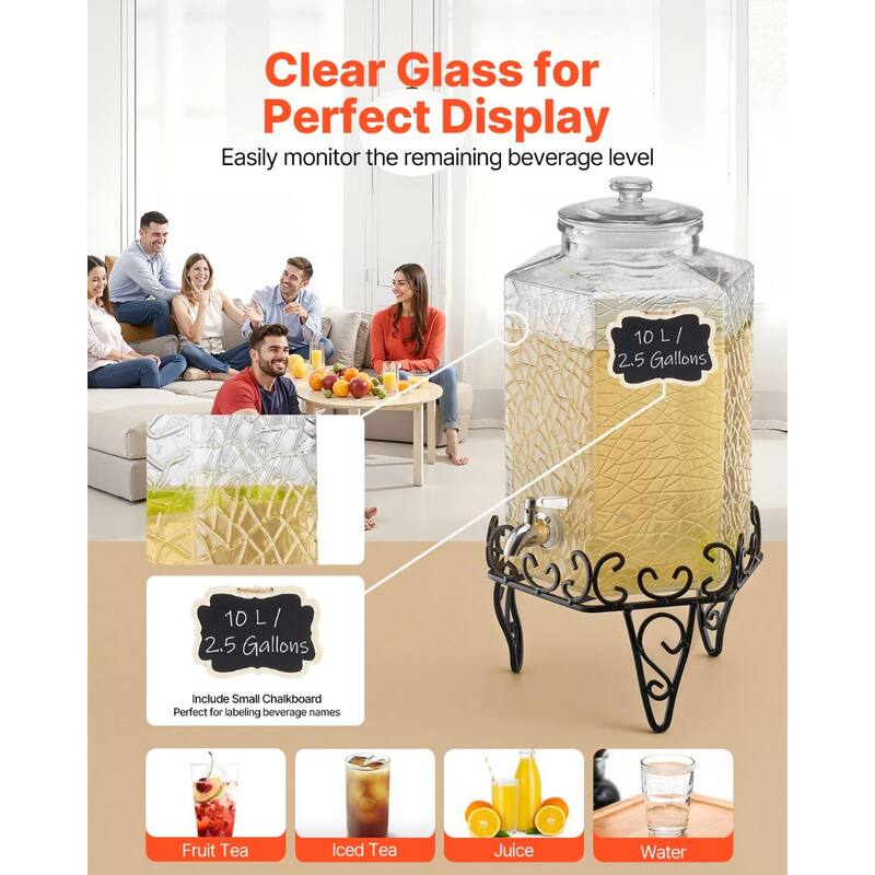 Transparent Glass Single Cylinder Beverage Dispenser 2.5 Gal with Metal Stand and Chalkboard - 10.24 x 10.24 x 20.47 in