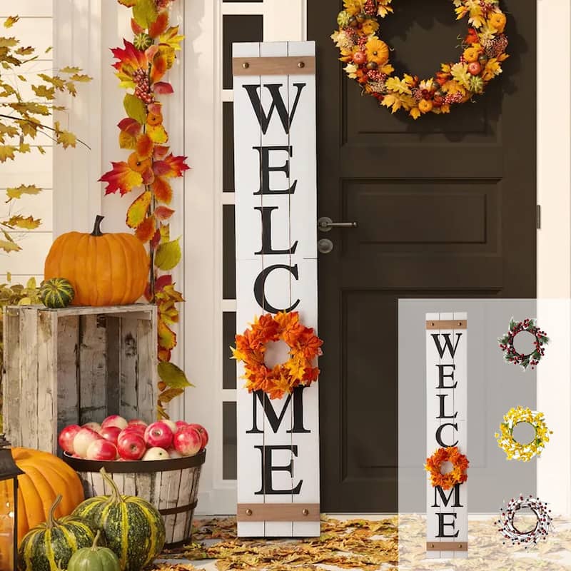 Glitzhome 60"H Christmas Wooden Welcome Porch Sign with 4 Wreaths Outdoor Xmas Decorations - White