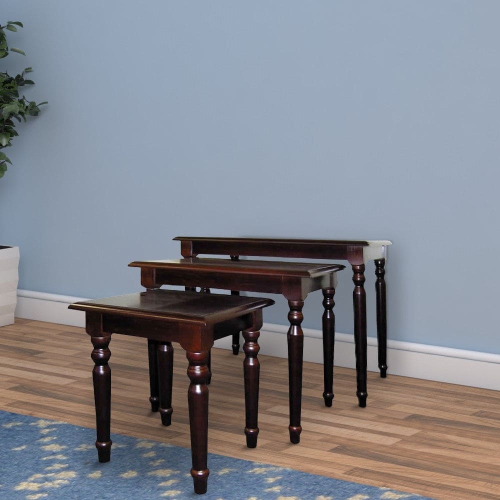 3 Piece Wooden Nesting Tables with Turned Tapered Legs, Cherry Brown - 19 H x 14 W x 22 L Inches
