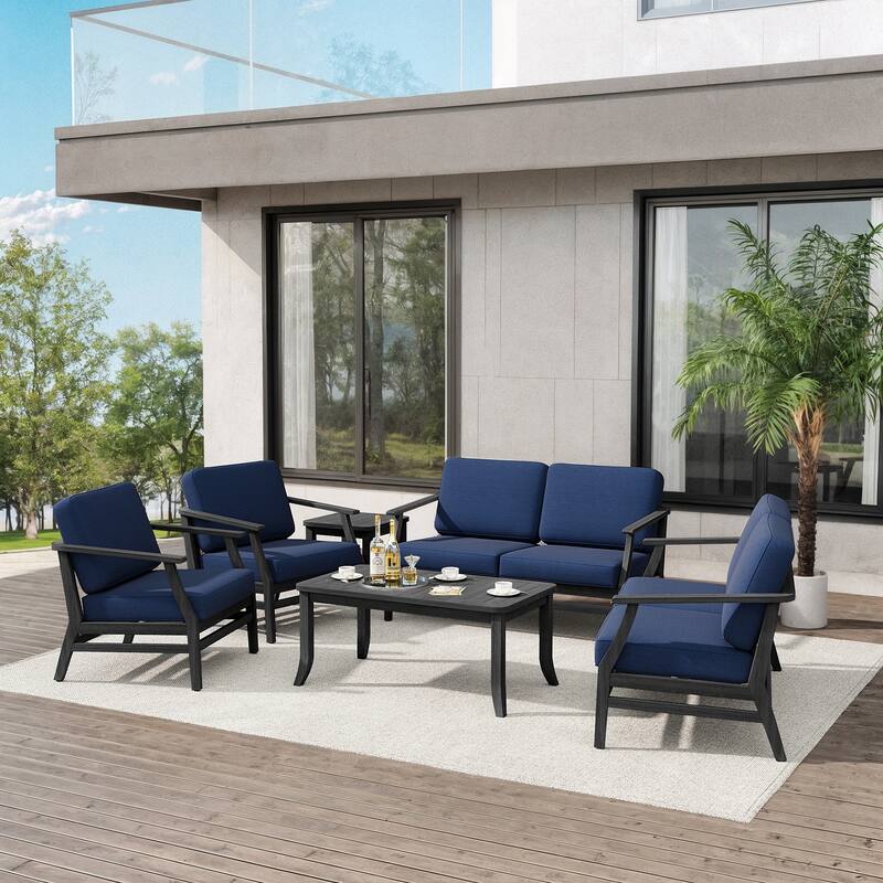 Teak Outdoor Patio Conversation Set with Cushions and Tables (6-Piece)