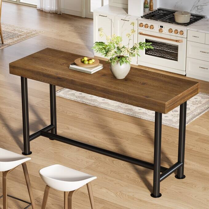 Industrial 63-Inch Solid Wood Bar Table with Metal Frame