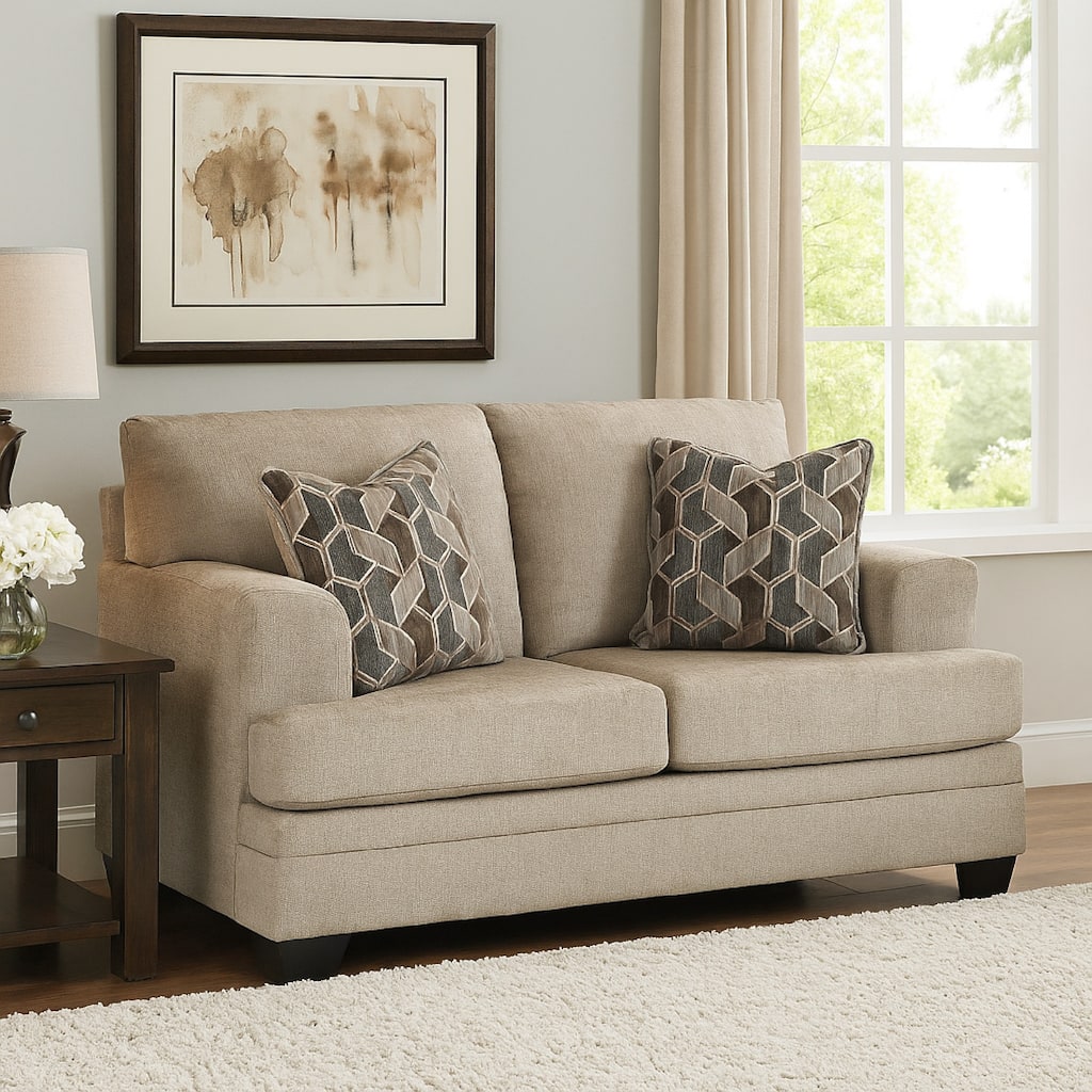 Ead Loveseat, 2 Accent Pillows, Taupe Brown Polyester, Sag Resistant
