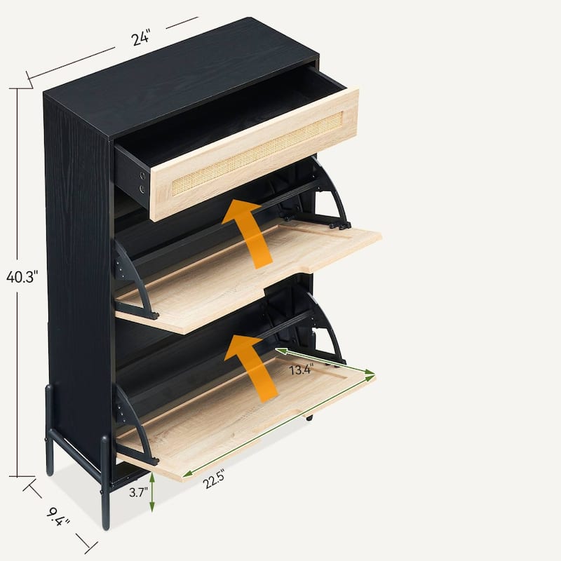 Rattan Shoe Storage Cabinet with 2 Flip Door and Drawer - N/A