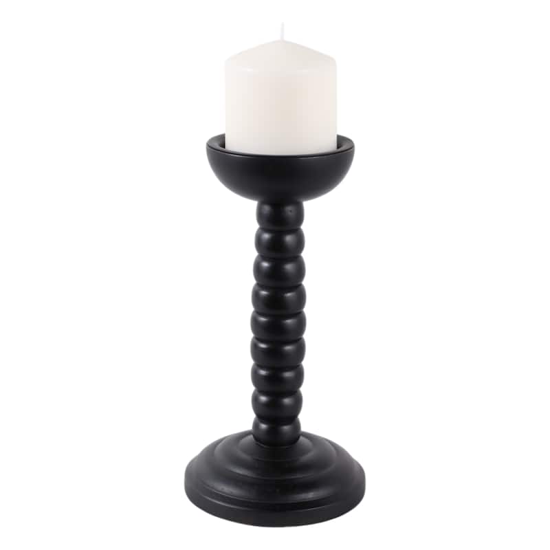 Wood Candle Holder Sculpted Round Base and Turned Detailing Accent