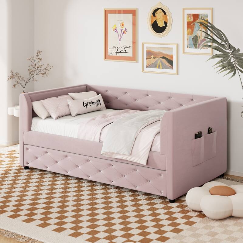 Twin Velvet Tufted Daybed with Trundle & Storage - 400LB Capacity