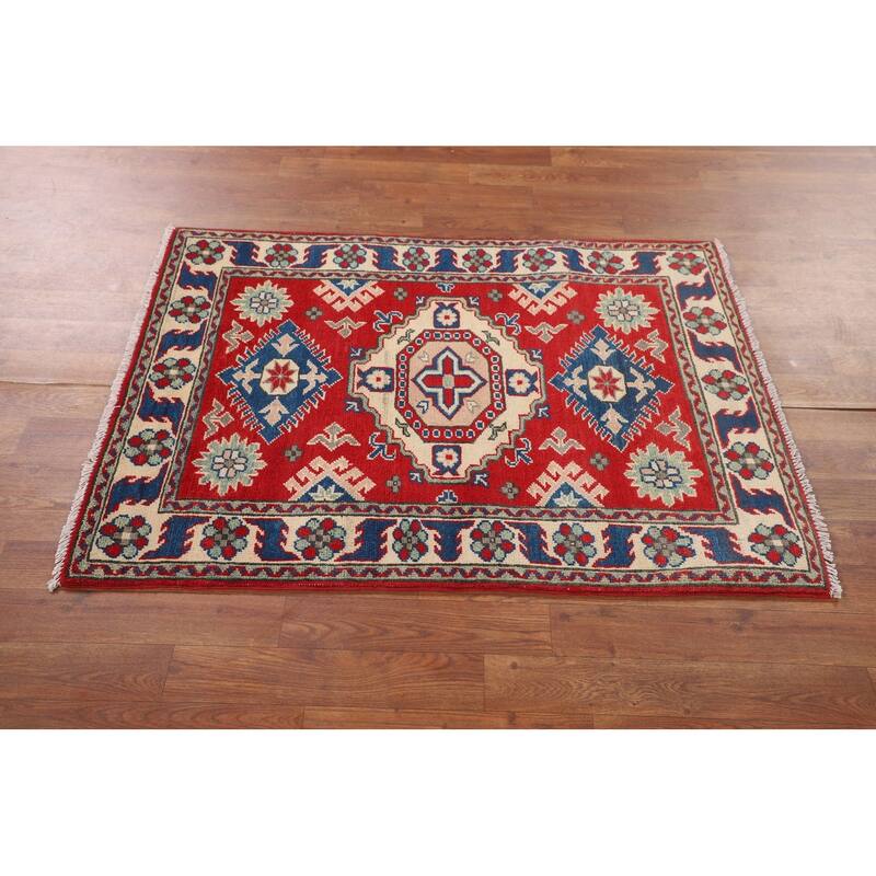 Oriental Kazak Accent Rug Hand-Knotted Geometric Red Wool Carpet - 2'10" x 3'11"