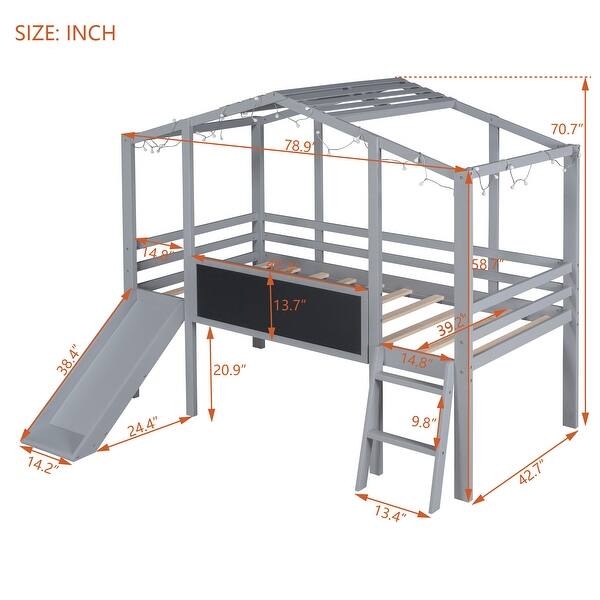 dimension image slide 0 of 2, Roomfitters Twin Size Loft Bed with Ladder and Slide, House Bed with Blackboard and Light Strip for a Fun and Functional Space