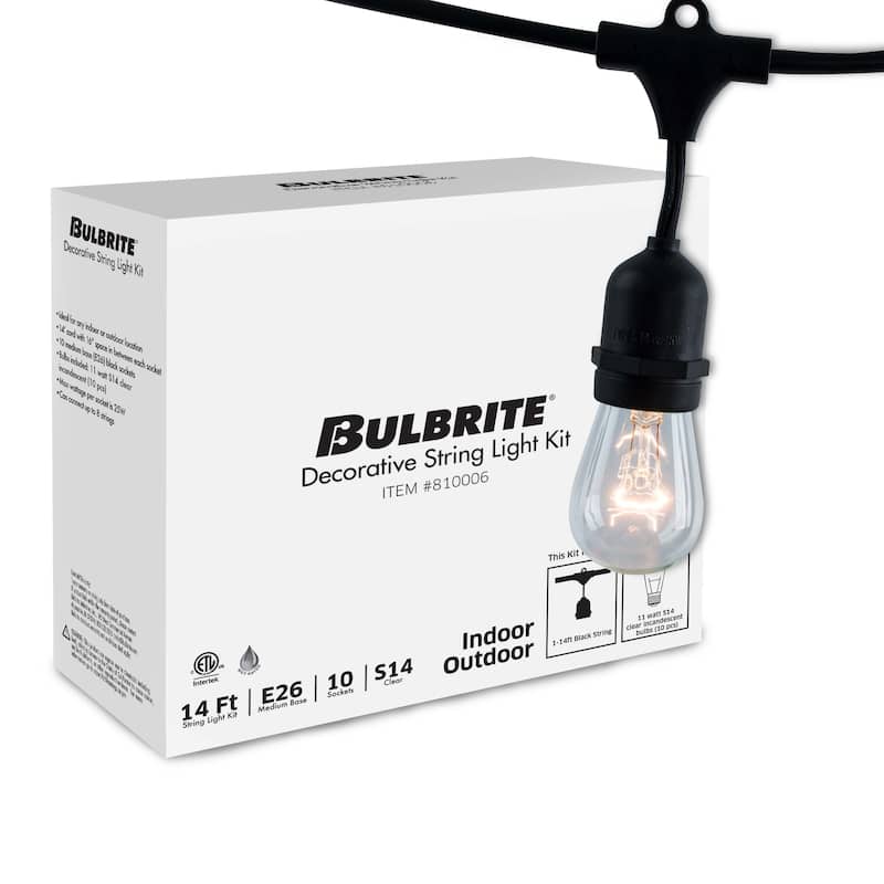 Bulbrite 14 ft Indoor/Outdoor 10-Socket (E26) Decorative String Light Kit, Black