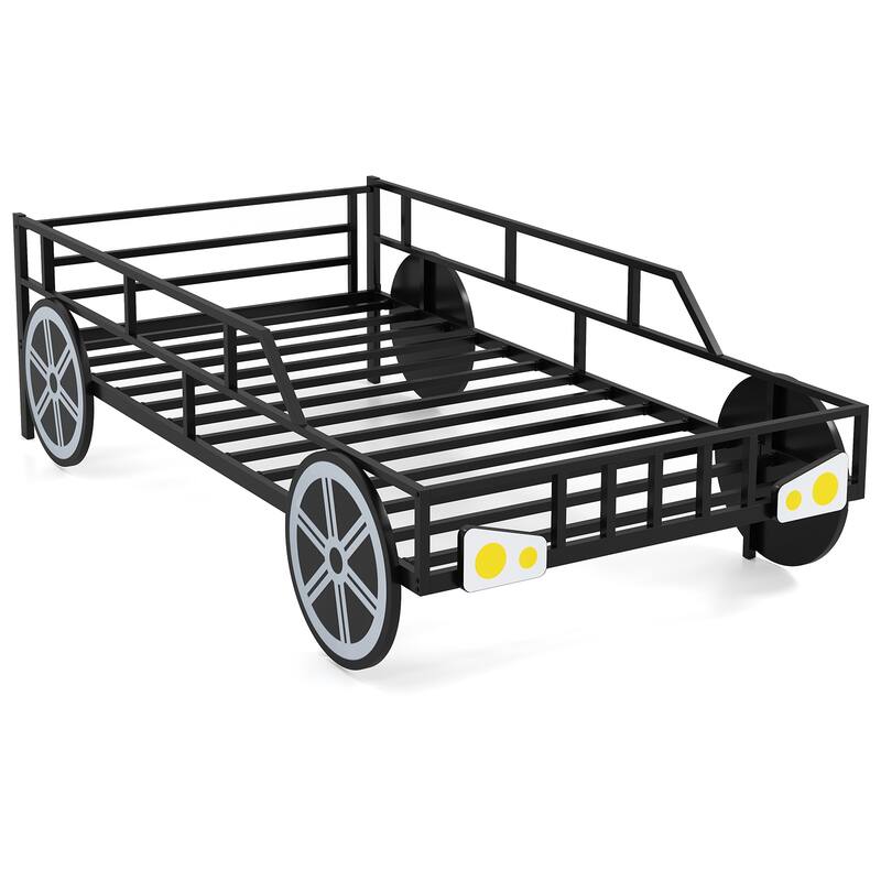 Black Metal Twin Car Bed Frame with Guardrails and Underbed Storage Space - Black
