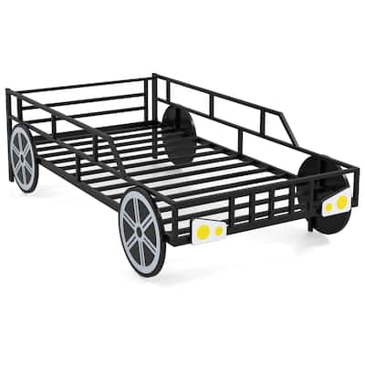 Black Metal Twin Car Bed Frame with Guardrails and Underbed Storage Space