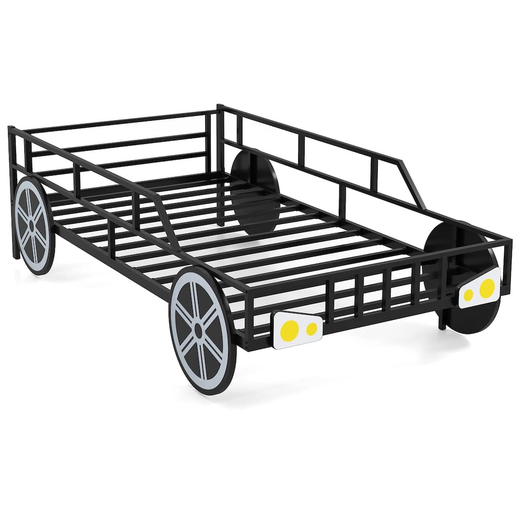 Black Metal Twin Car Bed Frame with Guardrails and Underbed Storage Space