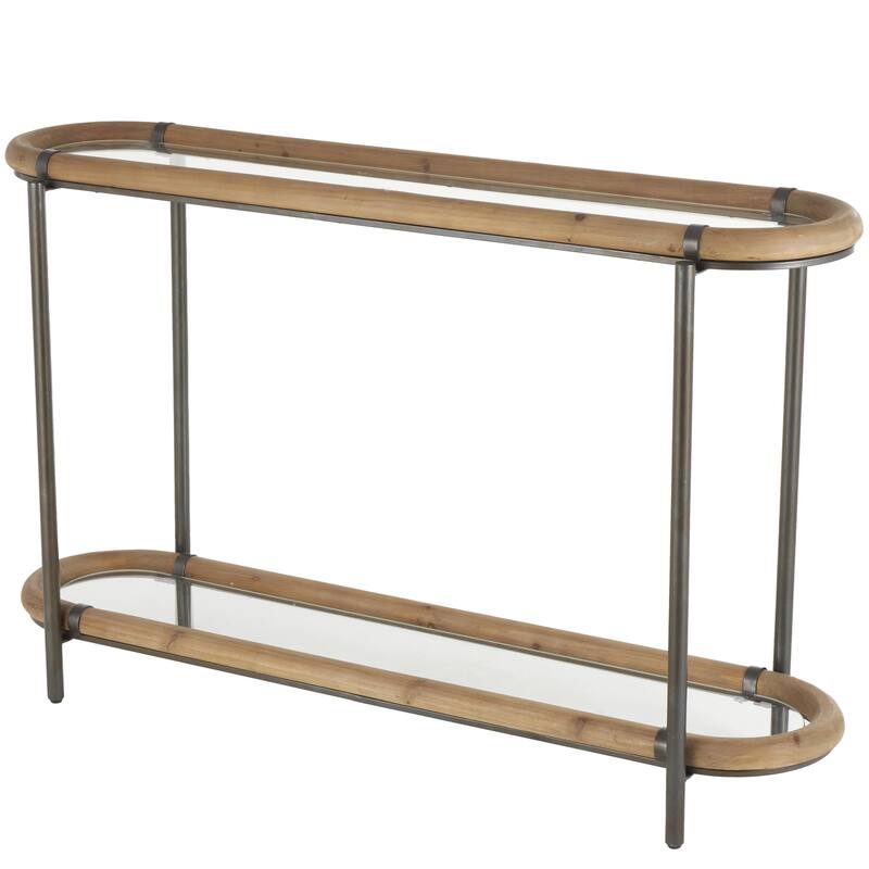 Metal Oval 1 Shelf Console Table with Brown Wooden Framed Glass Tabletop - Brass - Roche River Decor - Brass