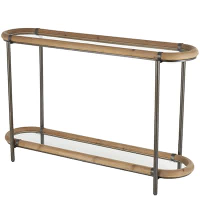 Metal Oval 1 Shelf Console Table with Brown Wooden Framed Glass Tabletop - Brass - Roche River Decor