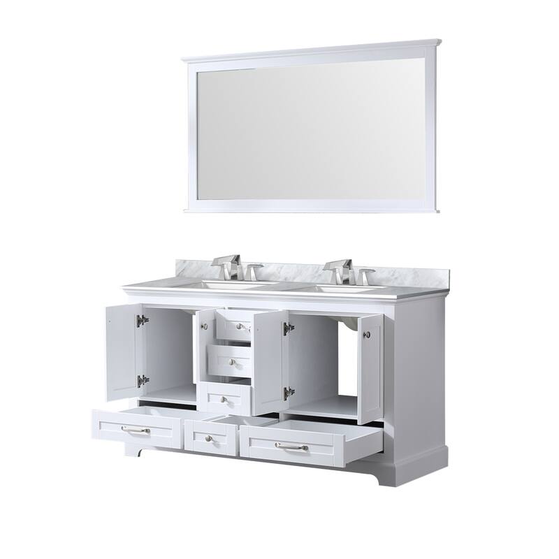 Dukes 60 in. W x 22 in. D Navy Blue Double Bath Vanity, Carrara Marble Top, Faucet Set, and 58 in. Mirror