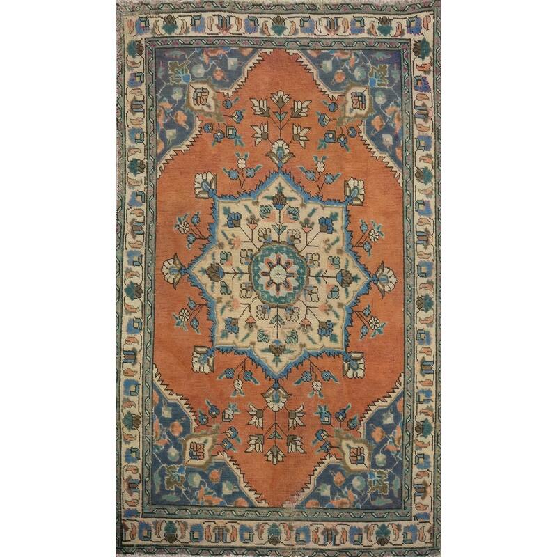 Hand Knotted Oriental 100% Wool Carpet Traditional Floral Oranges & Rust Tabriz Area Rug - 4' 9'' X 3' 0''