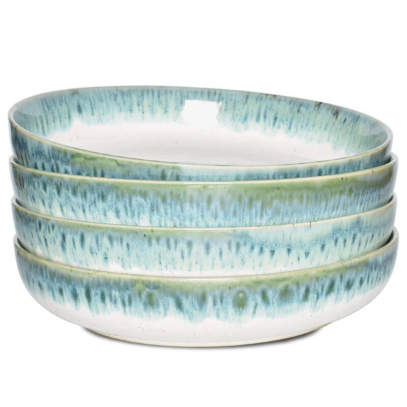 Stoneware Large Pasta Bowls, 40 Oz, Set of 4, Big Salad Bowls, Microwave and Dishwasher Safe (Light Turquoise Green, 9.3 in) - Green