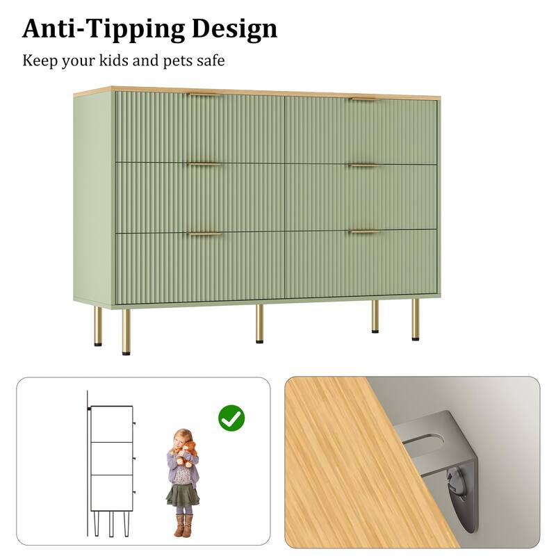 6 Drawer Fluted Dresser for Bedroom, Modern Wooden Storage Chest with Gold Handles