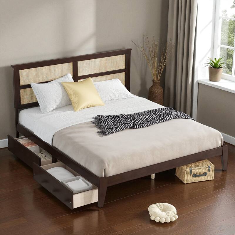 Full/King Size Rubber Wood Bed with Rattan Headboard and 2 Storage Drawers, Solid Frame with Reinforced Support Slats and Feet
