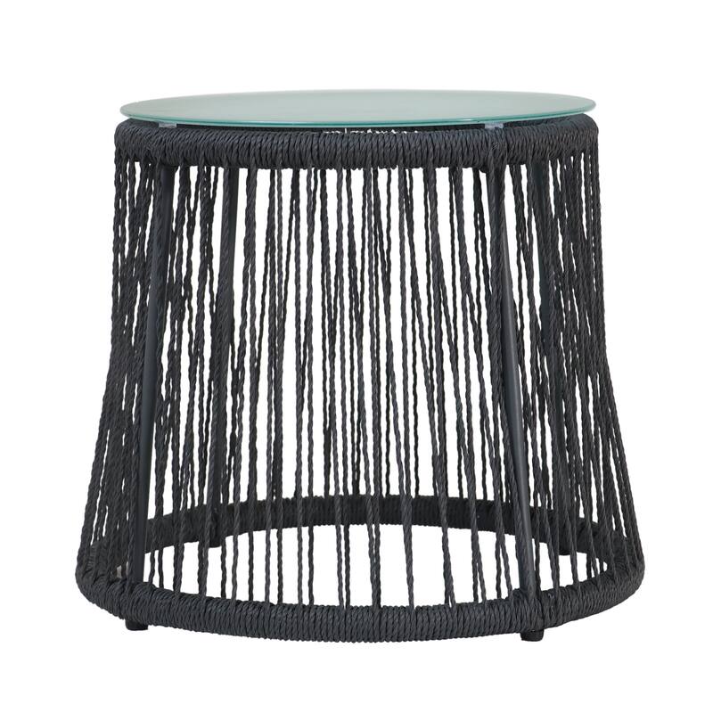 Penny Outdoor Side End Table, 19 Inch Glass Top, Black Rope Woven Base