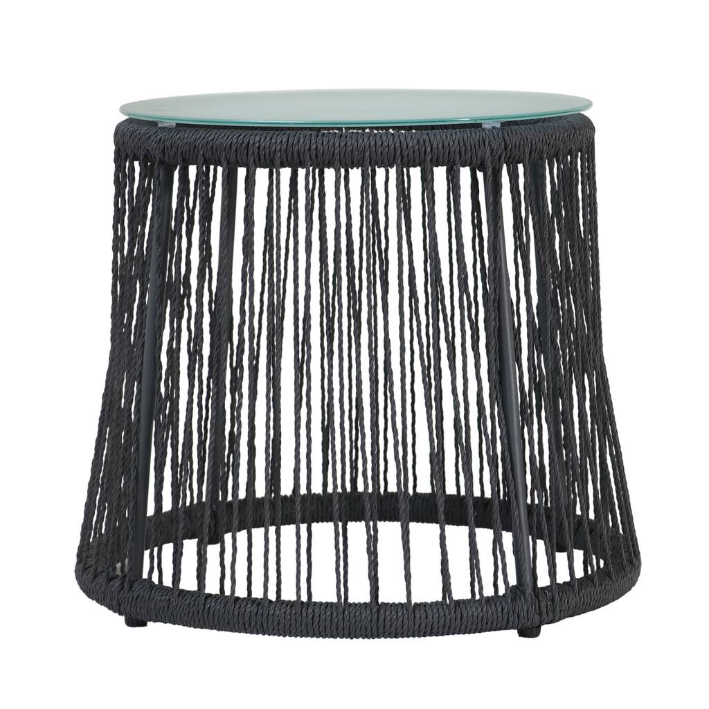 Penny Outdoor Side End Table, 19 Inch Glass Top, Black Rope Woven Base