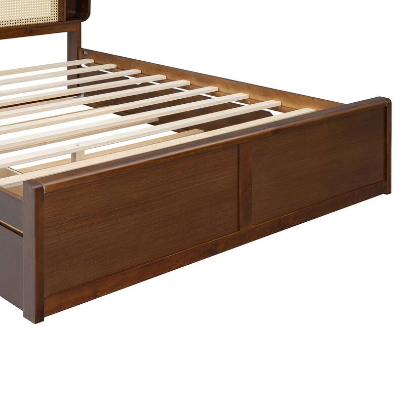 Walnut Queen Size Rattan Bed with Drawers and Trundle