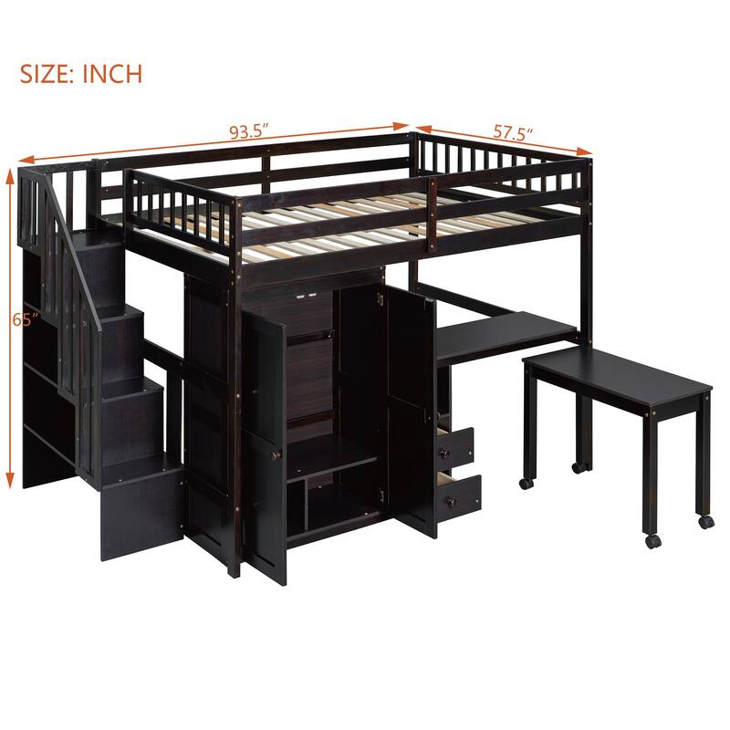 Multifunctional Full Size Loft Bed with Stairs, Bookshelf, Drawers, Desk & Wardrobe for Kids & Teens