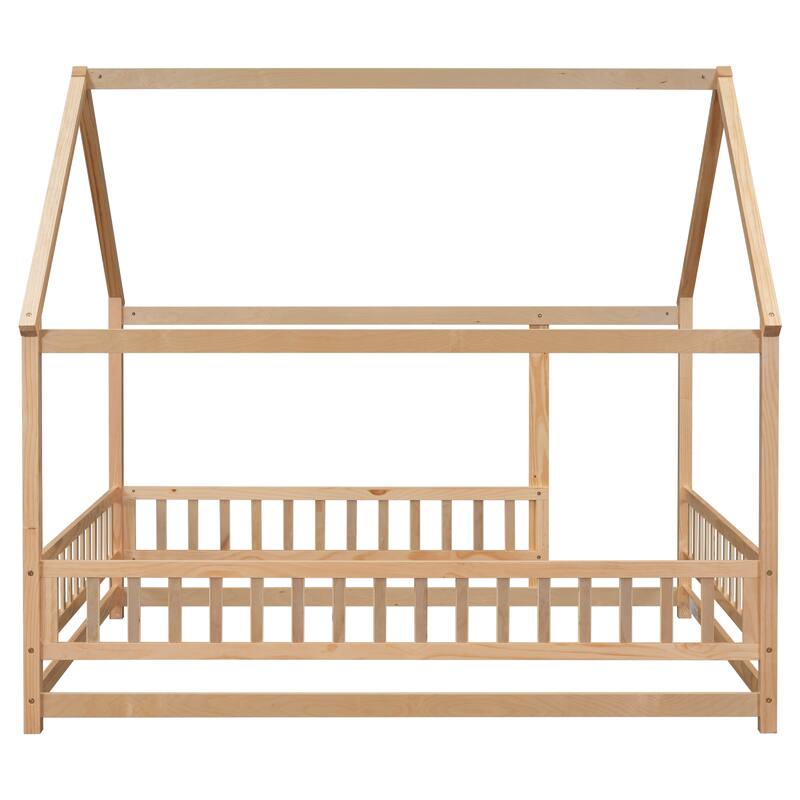 Floor Wooden Bed with House Roof Frame, Fence Guardrails