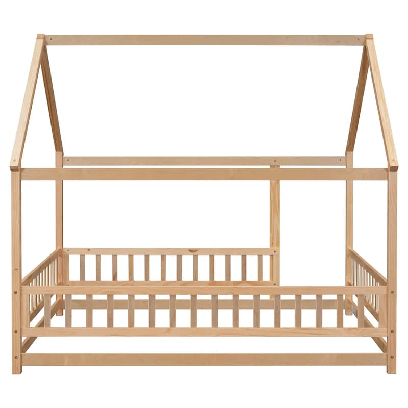 Floor Wooden Bed with House Roof Frame