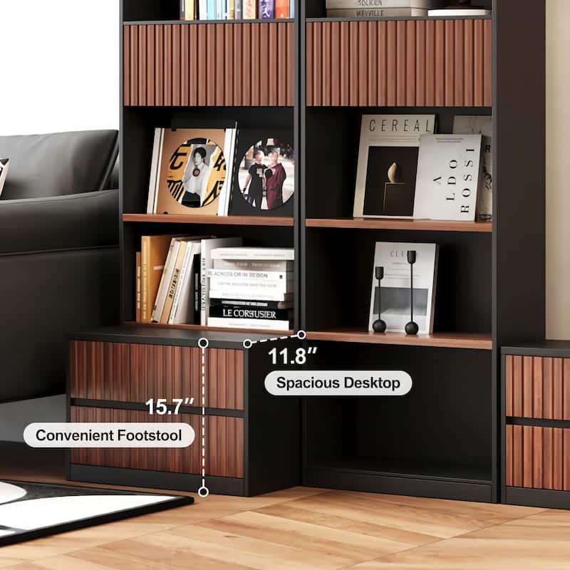 85.8'' Tall Bookcase with Movable Footstool and 6-Tier Open Shelves Storage Drawers