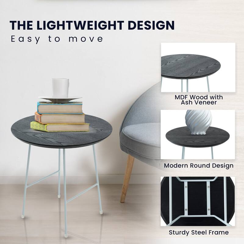 Rossmore Round Side Table MDF Wood Tabletop and White Stainless Steel Frame Accent End Tables
