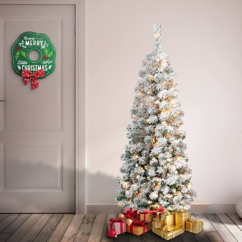 National Tree Company 4.5 ft. Acacia Pencil Slim Flocked Tree with Clear Lights - 4.5 Foot