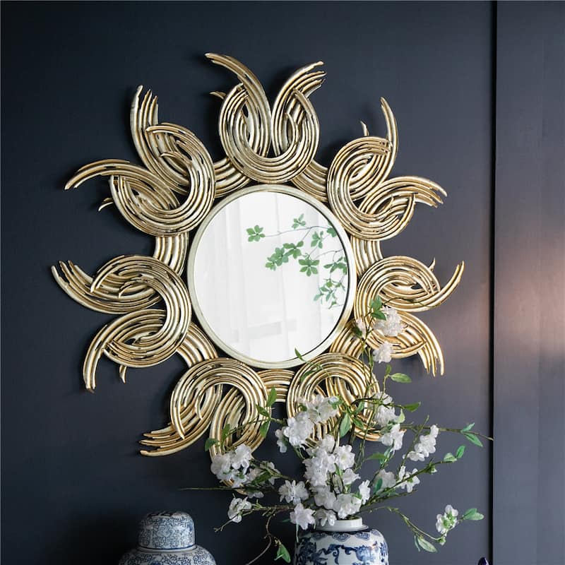 Metal Decorative Mirror with Gold Finish, Wall Decor Sun Mirror