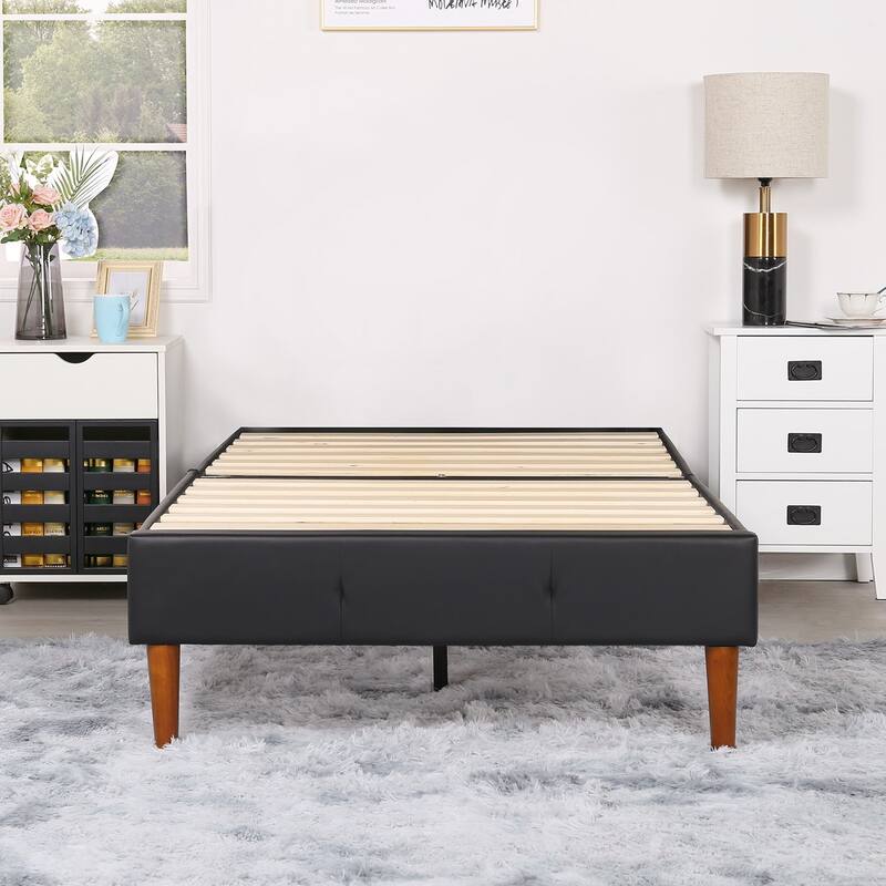 Faux Leather Platform Bed Frame with Wood Slats, No Box Spring Needed Mattress Foundation Twin/Full/Queen/King Size Bed Frame